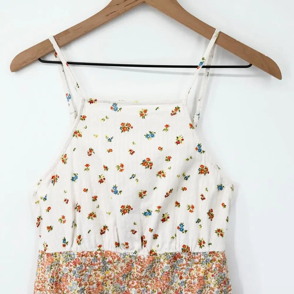 American Eagle Floral Linen Blend High Neck Mini Dress Women’s M Cottagecore
